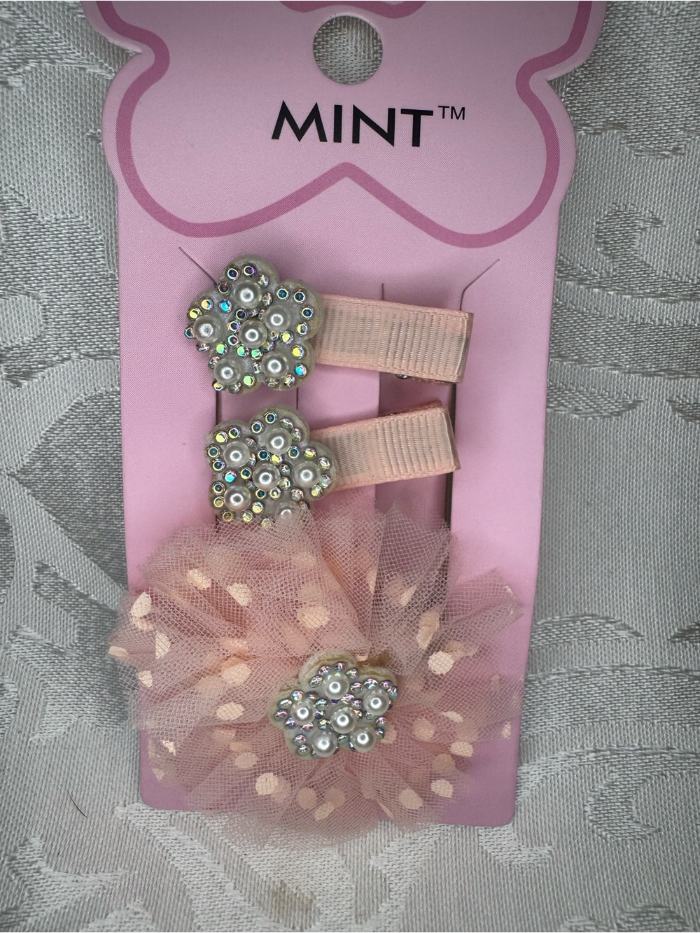 New MINT Peach Polka Dot Tulle Flower Hair Clips with Rhinestone Flowers- 3pk